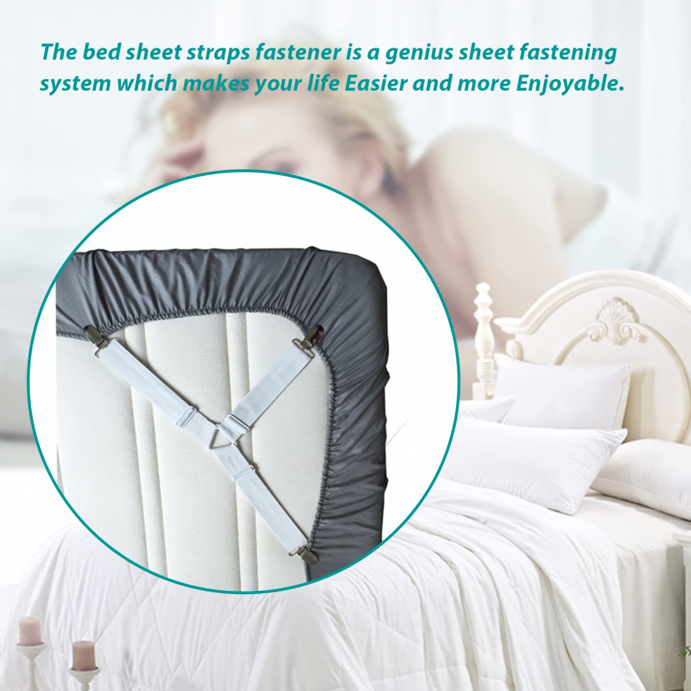Set 4 Bretele Elastice cu Clesti Metalici pentru Prinderea Cearseafurilor si Lenjeriei de Pat, Alb CBD CORAL BEST DEALS Alb [6]