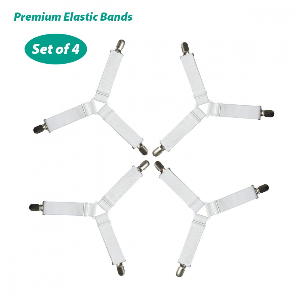 Set 4 Bretele Elastice cu Clesti Metalici pentru Prinderea Cearseafurilor si Lenjeriei de Pat, Alb CBD CORAL BEST DEALS Alb [2]