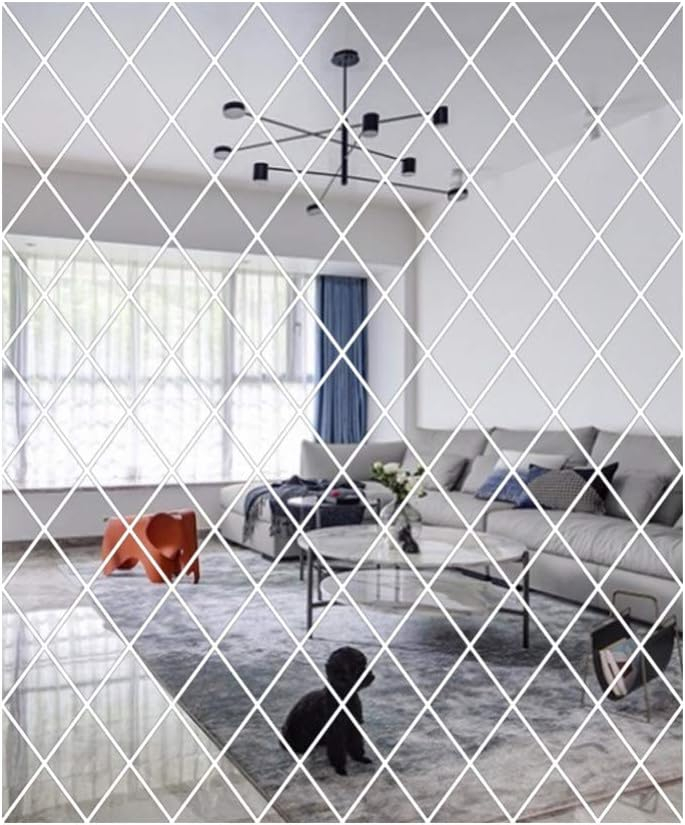 Set 58 Oglinzi Acrilice din PVC, in forma de Romb, Autoadezive pentru Decorarea Peretilor, 100 x 100 cm, Premium, CBD CORAL BEST DEALS Argintiu cromat 100 cm [1]