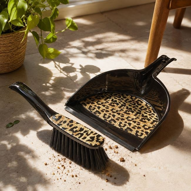 Set Făraș și Perie din Plastic, Negru Animal Print [2]