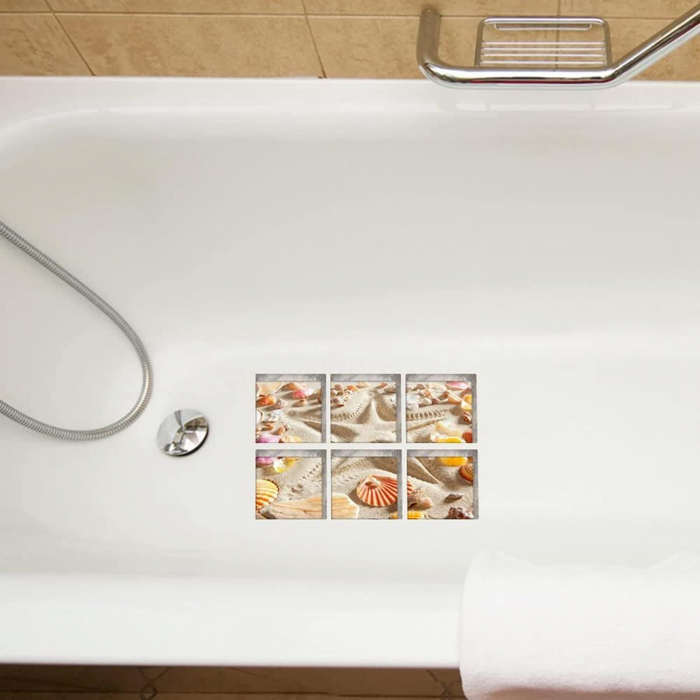Sticker Antiderapant cu Striatii, Peisaj de Plaja cu Nisip si Scoici pentru Cada si Cabina de Dus, Design Premium, 6 Bucati /Stiker 15 x 15 cm, CBD CORAL BEST DEALS [6]