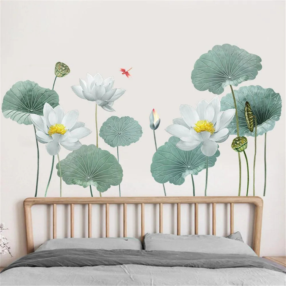 Sticker Autocolant Decorativ pentru Living si Camera, Flori de Lotus, 180 x 90 cm Verde 90 cm [6]