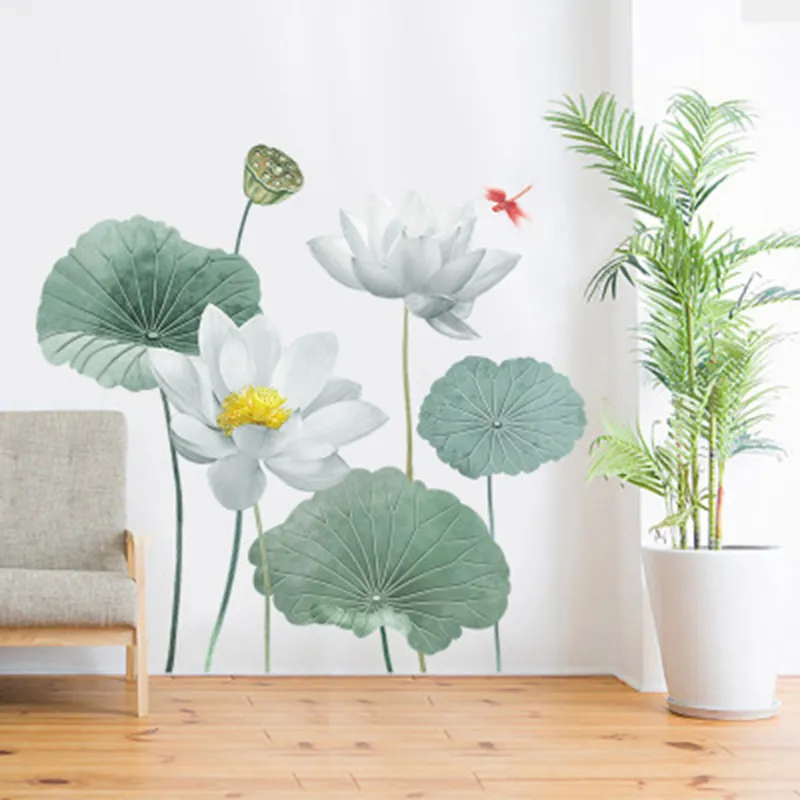 Sticker Autocolant Decorativ pentru Living si Camera, Flori de Lotus, 180 x 90 cm Verde 90 cm [5]
