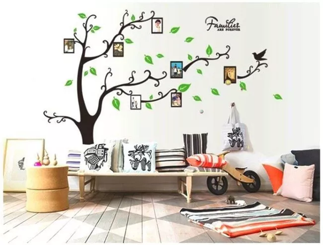 Sticker decorativ cu rame foto, si 12 Rame Foto, Copaci cu Pasari, 290 x 210 cm, pentru perete, CoralBestDeals [2]