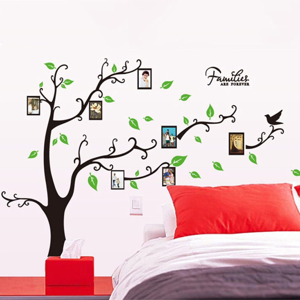 Sticker decorativ cu rame foto, si 12 Rame Foto, Copaci cu Pasari, 290 x 210 cm, pentru perete, CoralBestDeals [5]