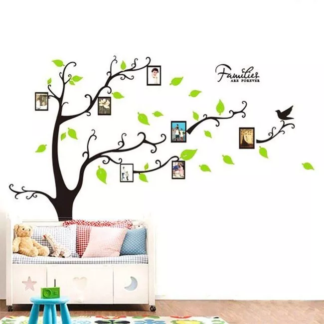 Sticker decorativ cu rame foto, si 12 Rame Foto, Copaci cu Pasari, 290 x 210 cm, pentru perete, CoralBestDeals [3]