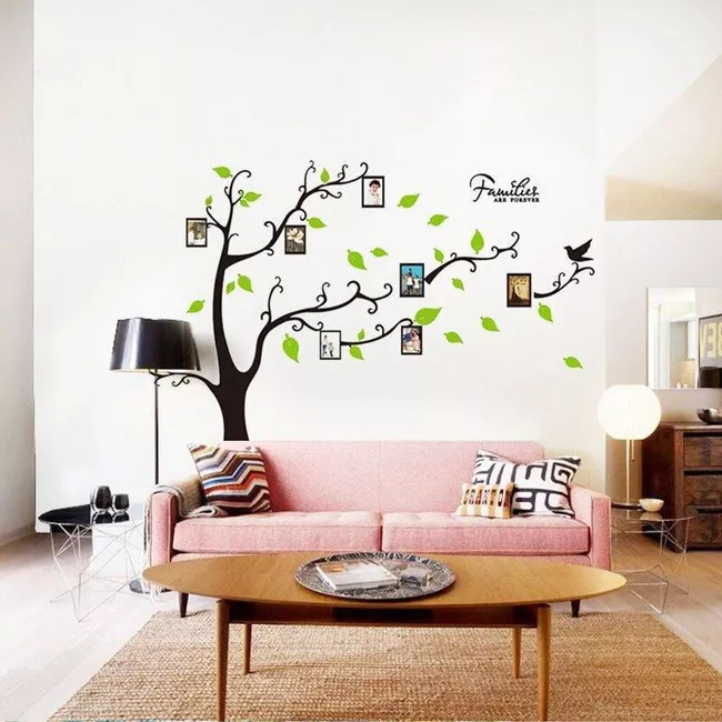 Sticker decorativ cu rame foto, si 12 Rame Foto, Copaci cu Pasari, 290 x 210 cm, pentru perete, CoralBestDeals [4]