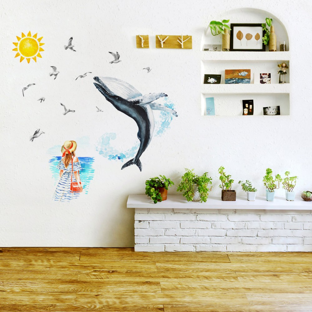 Sticker Decorativ, Doamna si Balena Albastra, Autocolant, Premium, CBD CORAL BEST DEALS Albastru 50 cm [5]