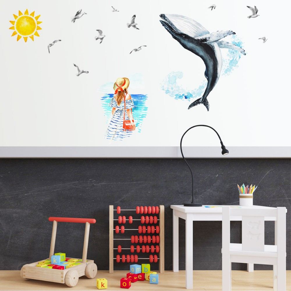 Sticker Decorativ, Doamna si Balena Albastra, Autocolant, Premium, CBD CORAL BEST DEALS Albastru 50 cm [7]