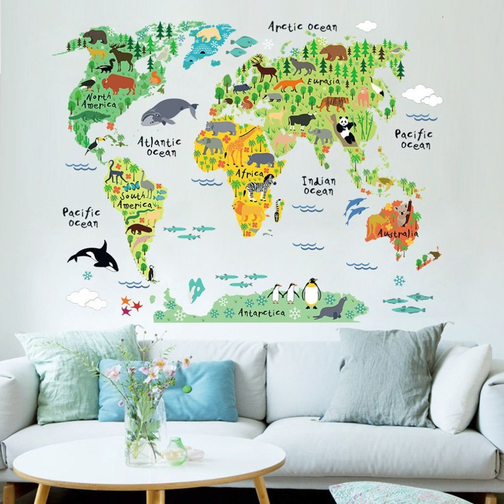Sticker decorativ educativ cu harta lumii și animale, 60 cm, CoralBestDeals [5]