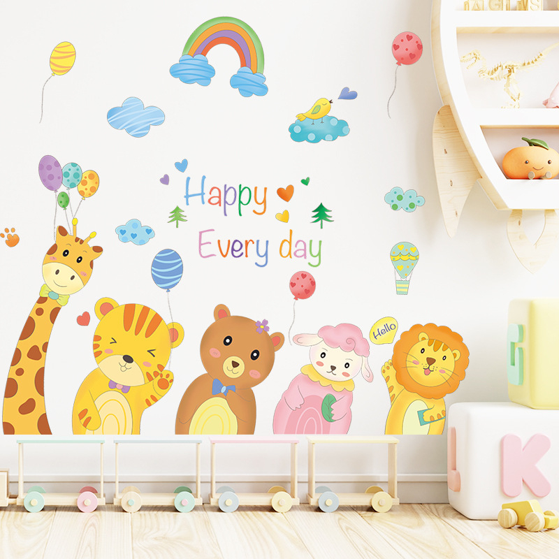 Sticker Decorativ pentru Camera Copiilor, cu Animale salbatice la Petrecere Happy Every Day, Autocolant, 100 x 50 cm, CBD CORAL BEST DEALS Multicolor 50 cm [4]