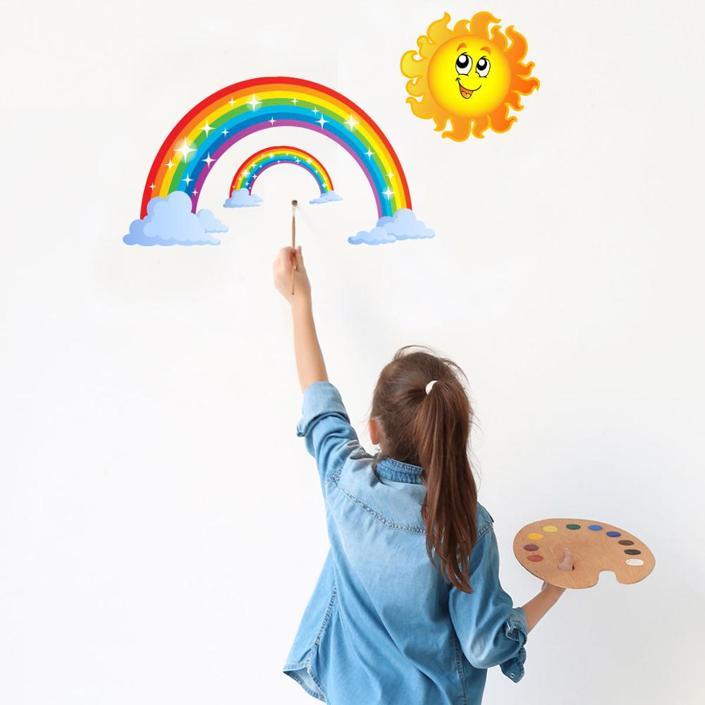 Sticker Decorativ pentru Perete, Curcubee cu Soare Vesel, Autocolant Autoadeziv, Premium, CBD CORAL BEST DEALS Galben Albastru 30 cm [6]