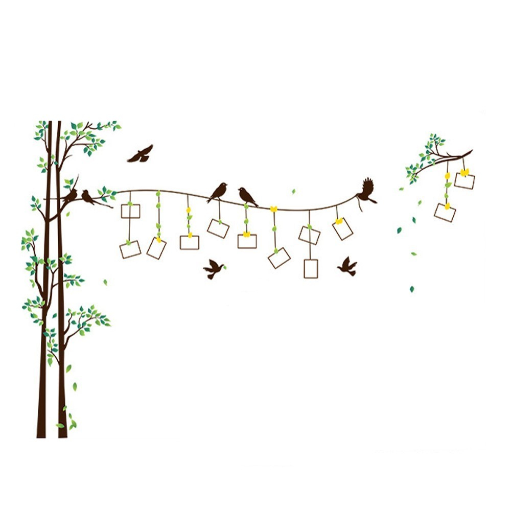 Sticker Decorativ si 12 Rame Foto, Copaci cu Pasari, 290 x 210 cm, CBD CORAL BEST DEALS Verde 60 cm [1]