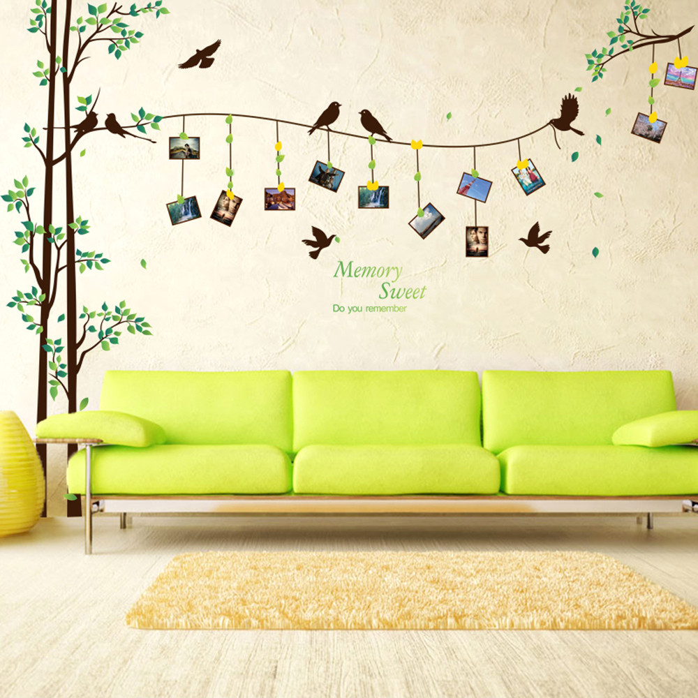 Sticker Decorativ si 12 Rame Foto, Copaci cu Pasari, 290 x 210 cm, CBD CORAL BEST DEALS Verde 60 cm [4]