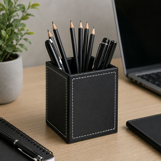 Suport Creioane Negru din Piele Artificială 8x8x10cm [2]