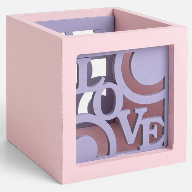 Suport din Lemn pentru Creioane & Pixuri Roz Love 9x9x9cm [2]