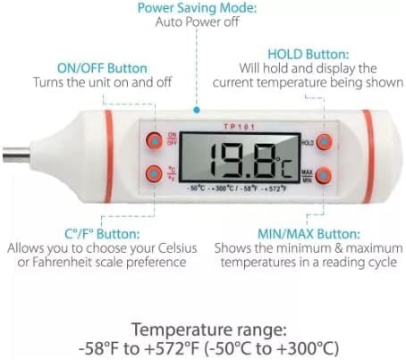 Termometru Digital cu Sonda Metalica de Insertie, Alimentar pentru Mancare si Bauturi, cu, Afisaj LCD, Oprire Automata, Interval de Masurare -50°C 300°C, 4 Butoane si Memorie, Alb, CBD CORAL BEST DEAL [2]