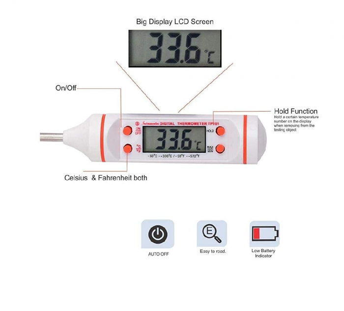 Termometru Digital cu Sonda Metalica de Insertie, Alimentar pentru Mancare si Bauturi, cu, Afisaj LCD, Oprire Automata, Interval de Masurare -50°C 300°C, 4 Butoane si Memorie, Alb, CBD CORAL BEST DEAL [4]