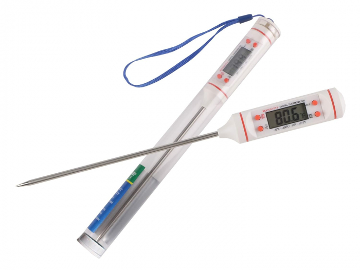 Termometru Digital cu Sonda Metalica de Insertie, Alimentar pentru Mancare si Bauturi, cu, Afisaj LCD, Oprire Automata, Interval de Masurare -50°C 300°C, 4 Butoane si Memorie, Alb, CBD CORAL BEST DEAL [15]