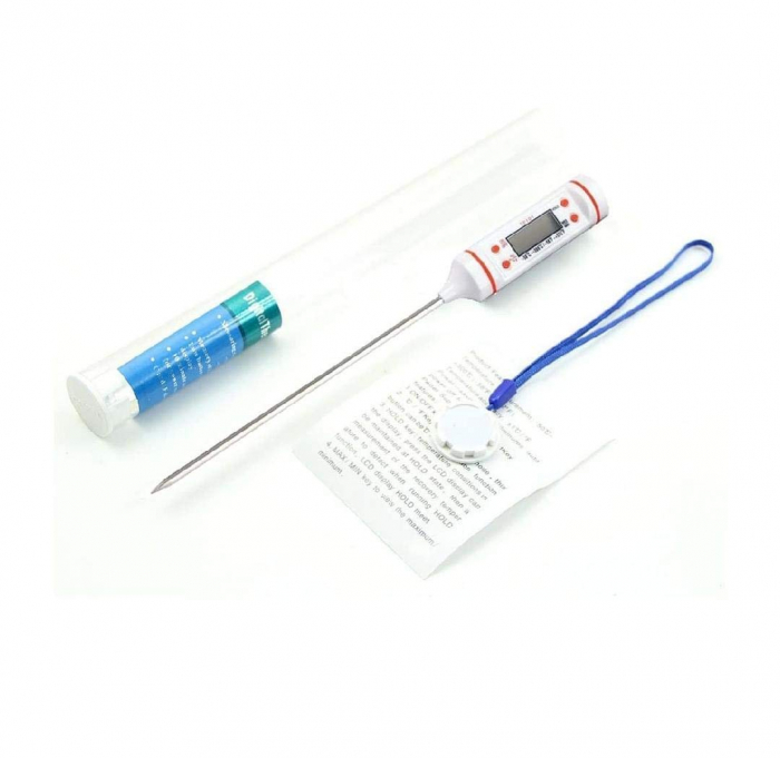 Termometru Digital cu Sonda Metalica de Insertie, Alimentar pentru Mancare si Bauturi, cu, Afisaj LCD, Oprire Automata, Interval de Masurare -50°C 300°C, 4 Butoane si Memorie, Alb, CBD CORAL BEST DEAL [6]
