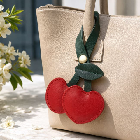 Genti, portofele si brelocuri - Breloc Charm Cireșe Roșu-Verde, 14 cm