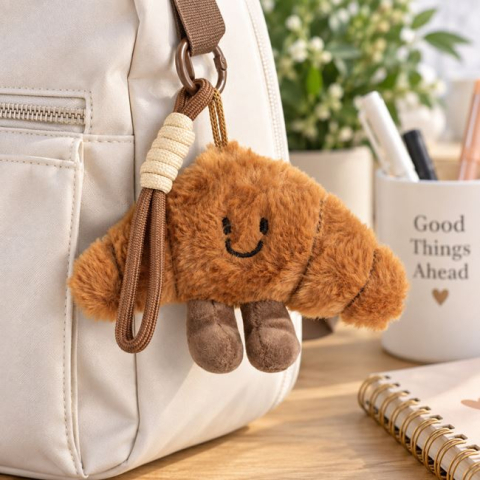 Genti, portofele si brelocuri - Breloc Charm Croissant din Pluș Maro, 10 cm