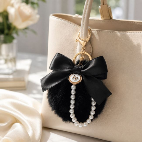 Genti, portofele si brelocuri - Breloc charm cu pompon negru 15 cm