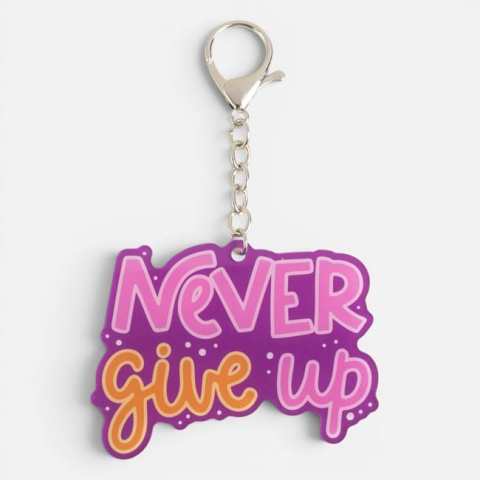 Genti, portofele si brelocuri - Breloc Never Give Up Lila din Acrilic, 8x6 cm