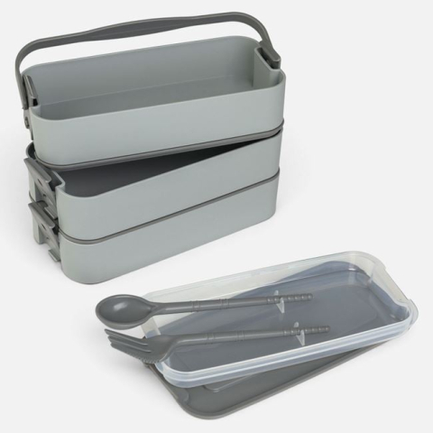 Capace si depozitare alimente - Caserolă Bento gri 3 niveluri 3 x 420 ml cu tacâmuri