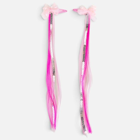 Moda si accesorii - Clame de Păr cu Fundițe si Șuvițe Lungi pentru Copii 35cm – 2buc