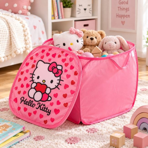 Organizare si depozitare casa - Coș Pliabil Hello Kitty cu Capac, Roz, 45x45x45 cm