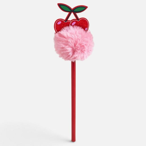 Instrumente de scris si corectura - Creion Rosu cu Pompon Roz & Cireșe cu Sclipici 23cm