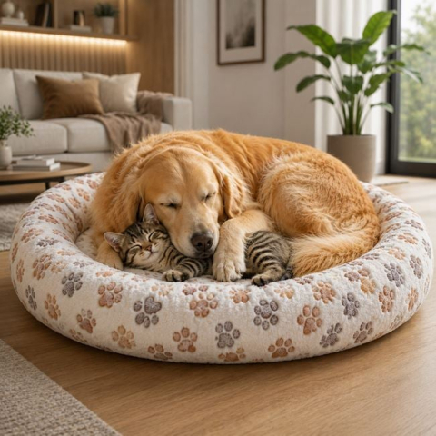 Accesorii pentru animale - Culcuș Rotund Gri cu Model Oase pentru Câini Ø80x13cm