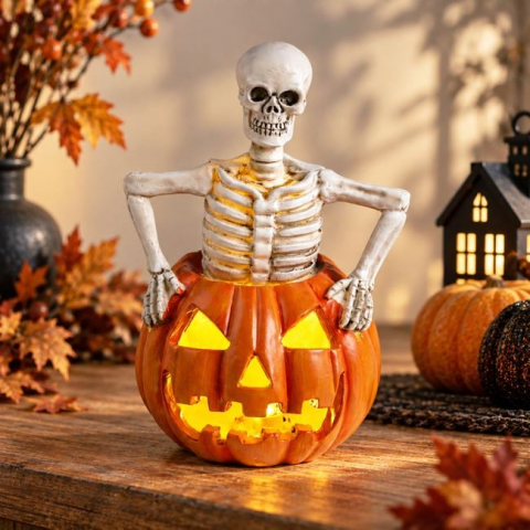 Sarbatori si petreceri - Decorațiune Halloween schelet în dovleac cu LED, portocaliu-gri