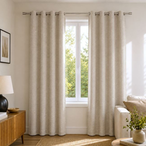 Textile pentru casa - Draperie bej cu model și inele metalice 140 x 260 cm