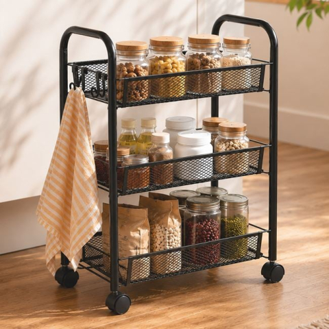 Mobilier si accesorii pentru casa - Etajeră troler neagră din metal cu 3 rafturi și roți