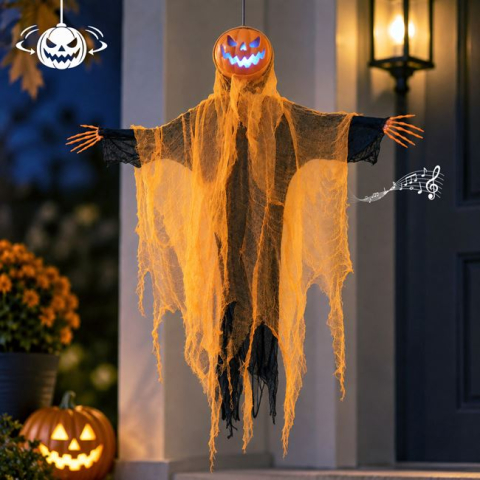 Sarbatori si petreceri - Fantomă decorativă Halloween portocaliu-negru cu mișcare, lumină și sunet