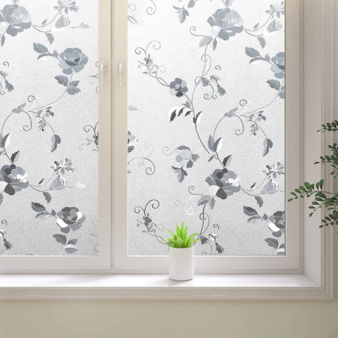 Folii decorative pentru geam - Folie geam privacy 200 x 60 cm, model Bujori, pentru casă și birou