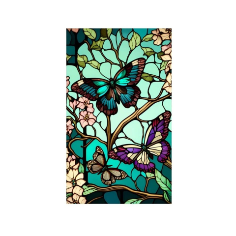 Folii decorative pentru geam - Folie vitraliu autoadezivă pentru geam 100 x 60 cm, model Fluturi și flori, UV 400