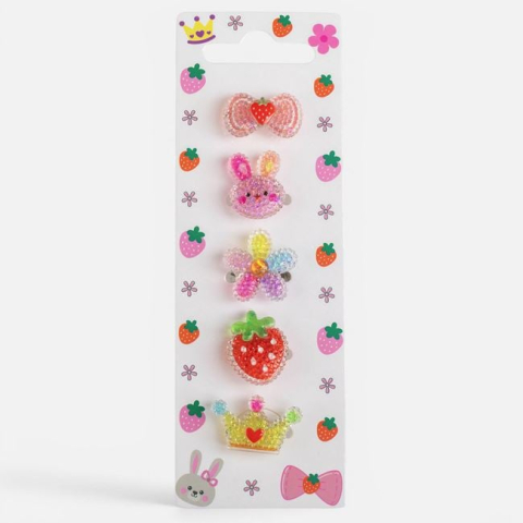 Moda si accesorii - Set 5 Inele cu Strasuri pentru Copii, Fundiță, Iepuraș, Fluture, Căpșună și Coroană