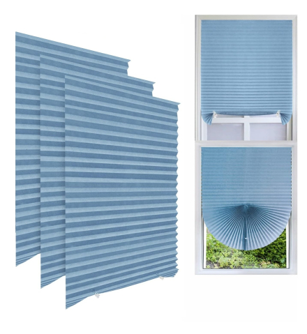 Jaluzele 90 x 180 cm - Set 3 jaluzele plisate autoadezive pentru ferestre 90 x 180 cm, Albastru, fără găurire