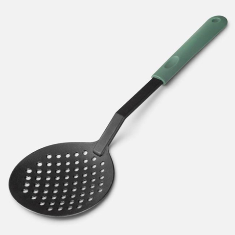 Ustensile de bucatarie - Lingură Perforată Antracit cu Mâner Verde 33 cm