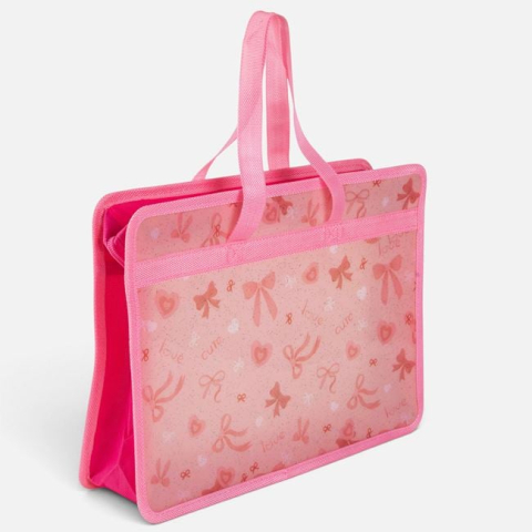 Rechizite si produse pentru scoala - Mapă roz cu fundițe glitter fermoar și mânere 33x9,5x26 cm