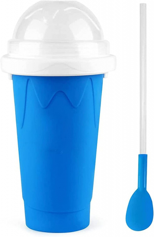 Pahar pentru Facut Slushy, Milkshake si Suc Inghetat, Compatibil Congelator, 250ml cu Lingura si Pai 2in1, Silicon Premium, Albastru, Cbd Coral Best Deals Albastru