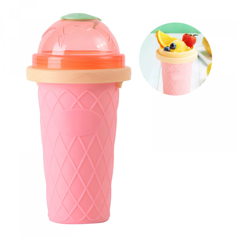 Pahar pentru Facut Slushy, MilkShake si Suc Inghetat, Compatibil Congelator, 250ml cu Lingura si Pai 2in1, Silicon Premium, Roz, CBD CORAL BEST DEALS Roz [3]