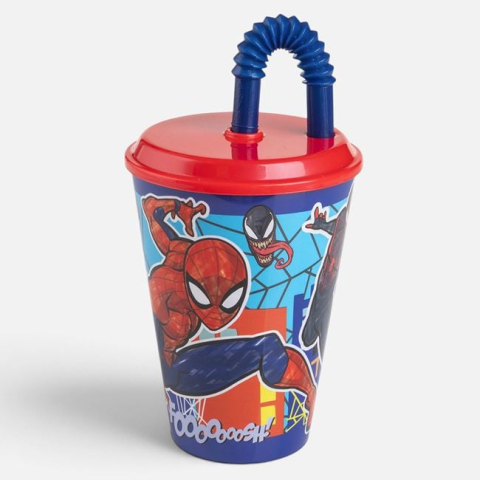 Vesela si servire masa - Pahar Spiderman din Plastic cu Pai Pliabil, 430 ml