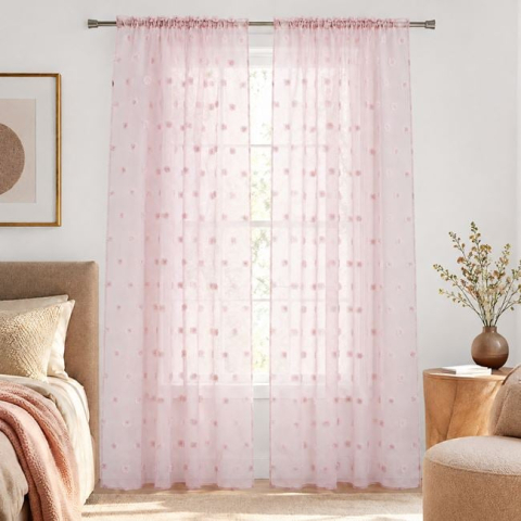 Textile pentru casa - Perdea Voal Roz Pudrat cu Pompon, 140x260 cm