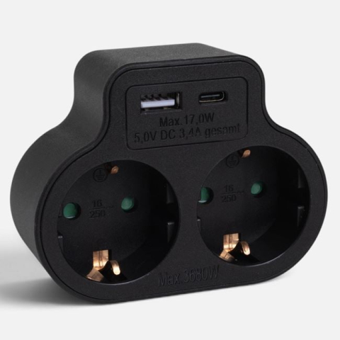 Organizare si depozitare casa - Adaptor Negru cu 2 Prize Schuko, USB-A și USB-C