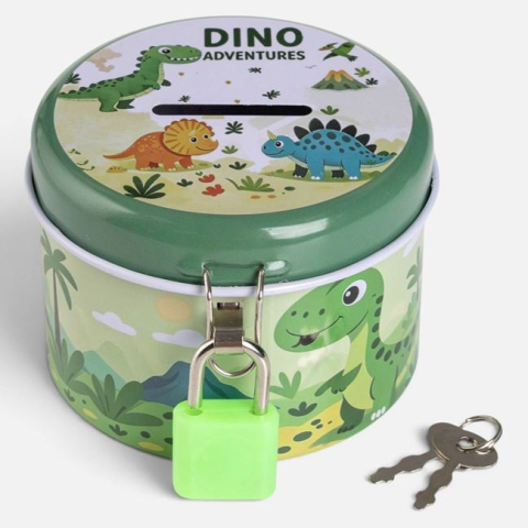 Articole pentru petreceri - Pușculiță Metalică Verde Dinozaur cu Lacăt, Ø7x6 cm