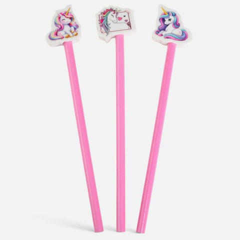 Articole pentru petreceri - Set 3 creioane roz cu radiere unicorn